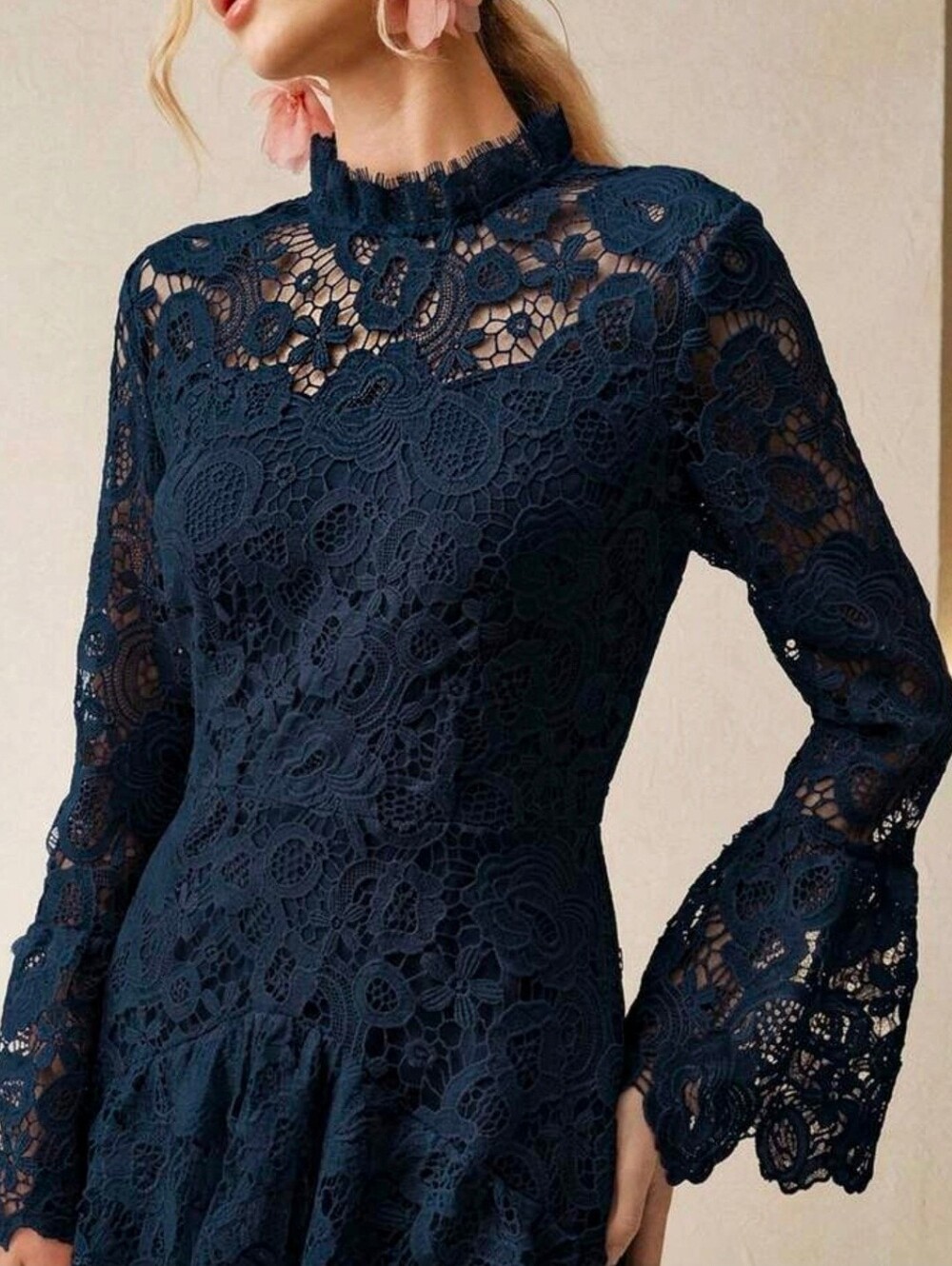 New Luxe Embroidered Sheer Floral Tiered Ruffle Maxi Dress Navy Blue - Picture 5 of 9